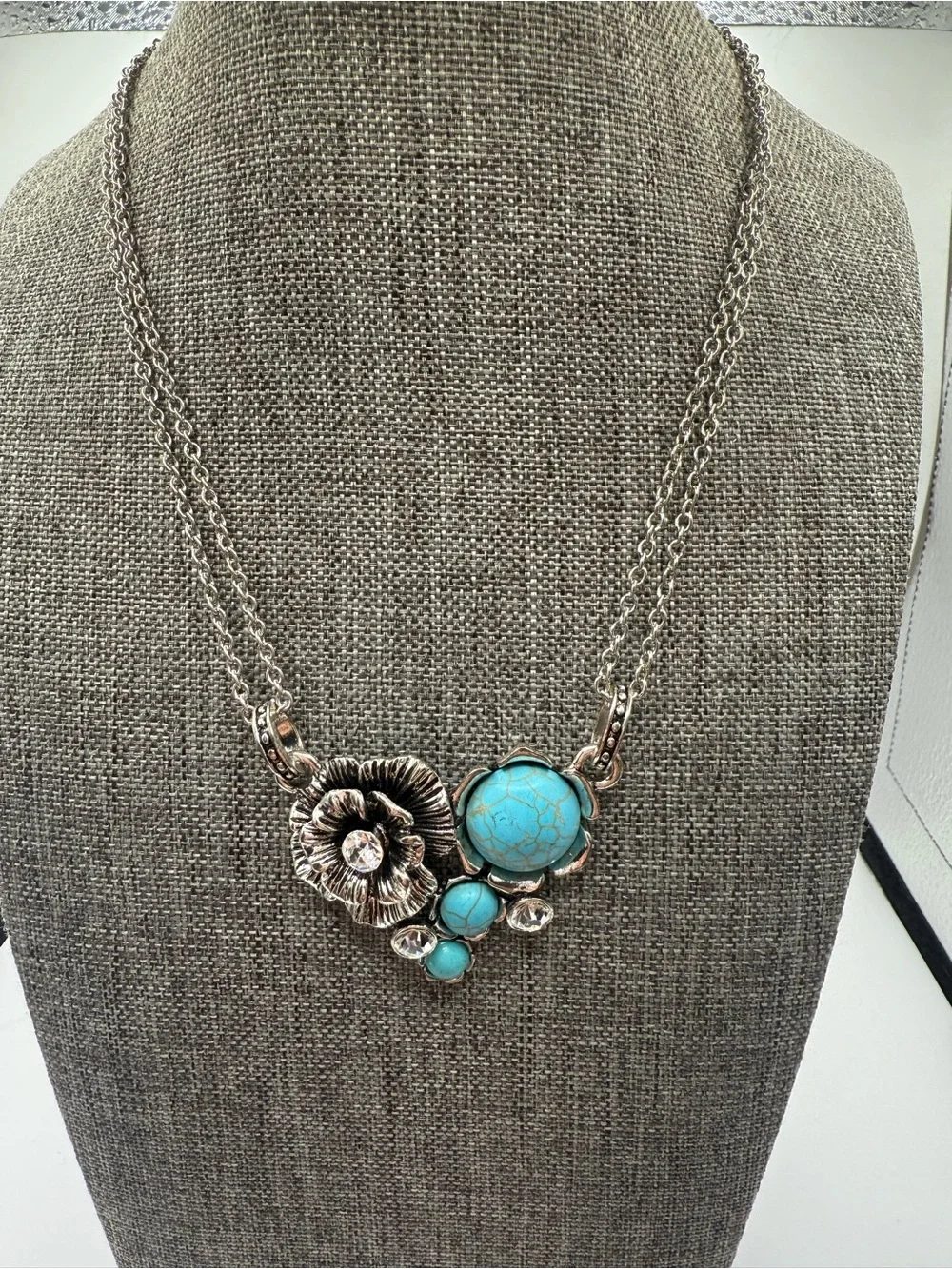 Turquoise Tone Flower Statement Necklace - Silver Tone- Retired Short